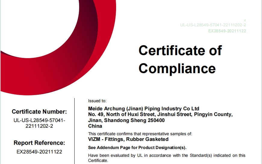 Meide Group got the UL certificate for VlZM -Fittings, Rubber Gasketed